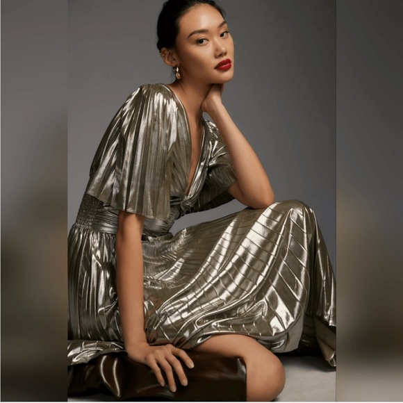 NWT Anthropologie Short-Sleeve Metallic Cutout Midi Dress In Silver Size XL - Picture 5 of 8